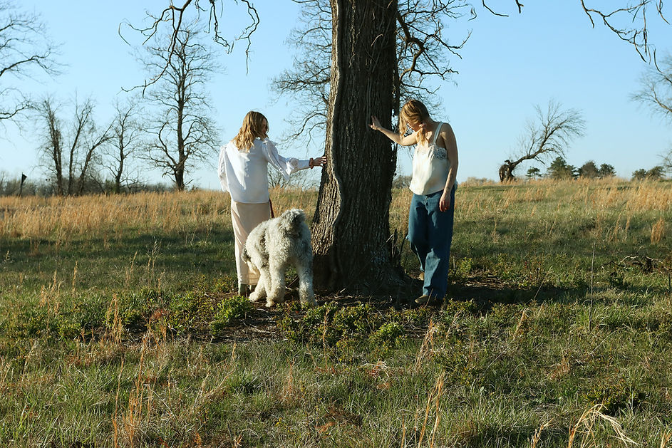 A photograph of two girls standing on opposite sides of a tree.