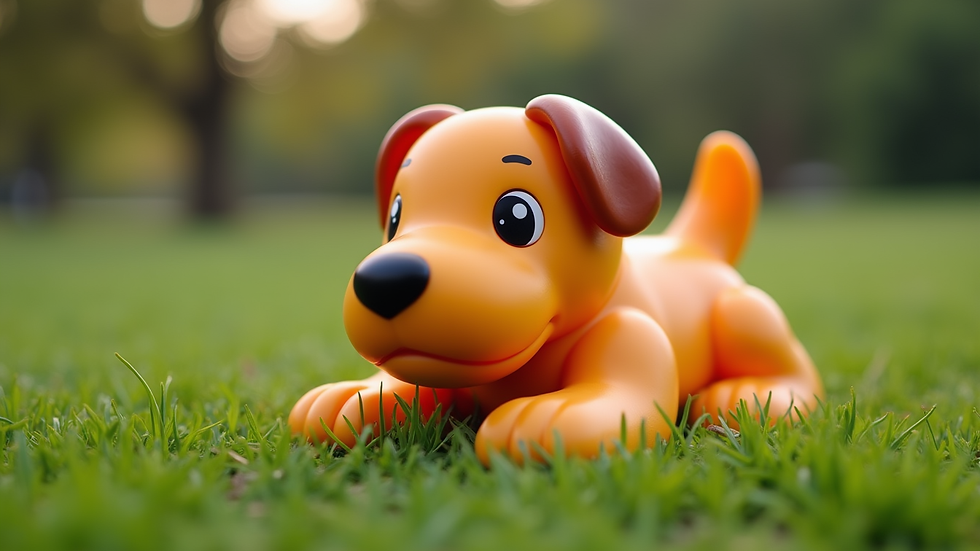 Close-up view of a durable rubber dog toy on grass