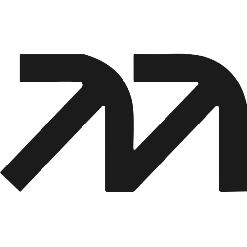 Stylized dark grey double arrow logo on black background