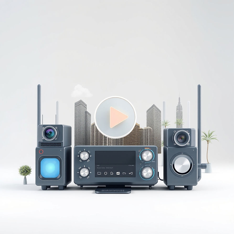Modern multimedia system with cityscape and play button