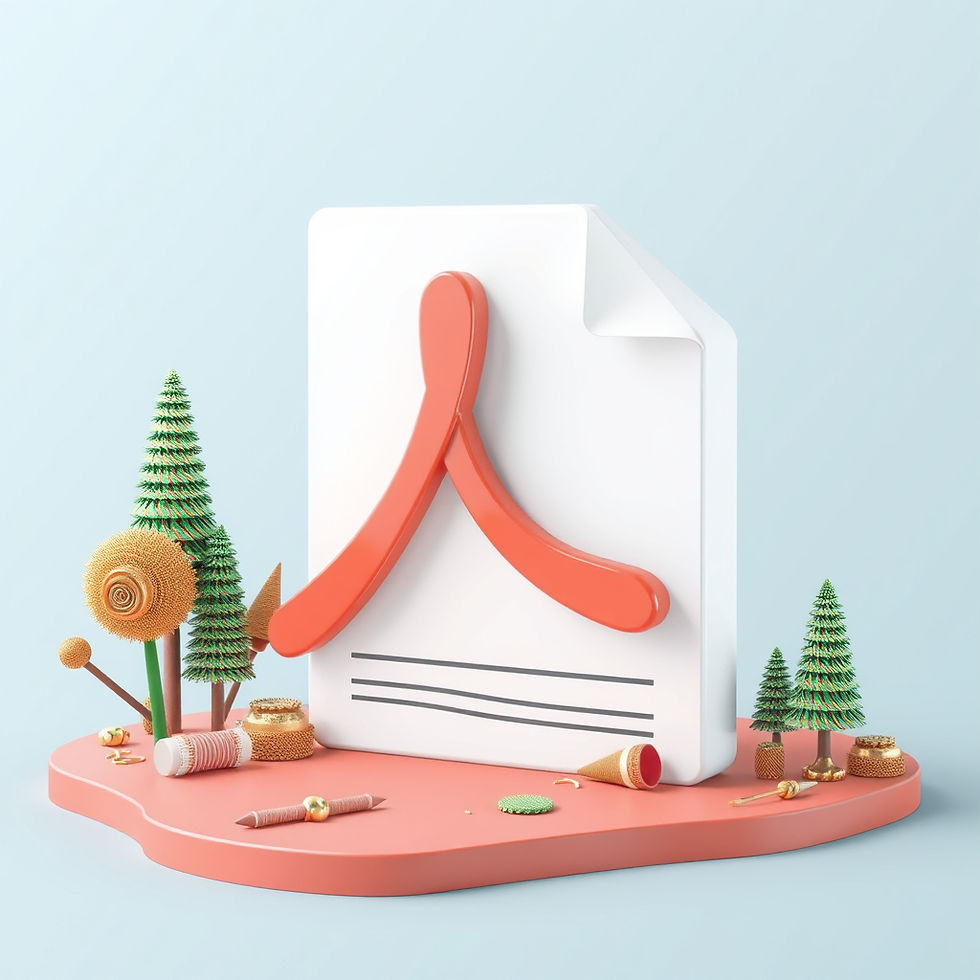 3D PDF document icon with stylized trees and decorations.