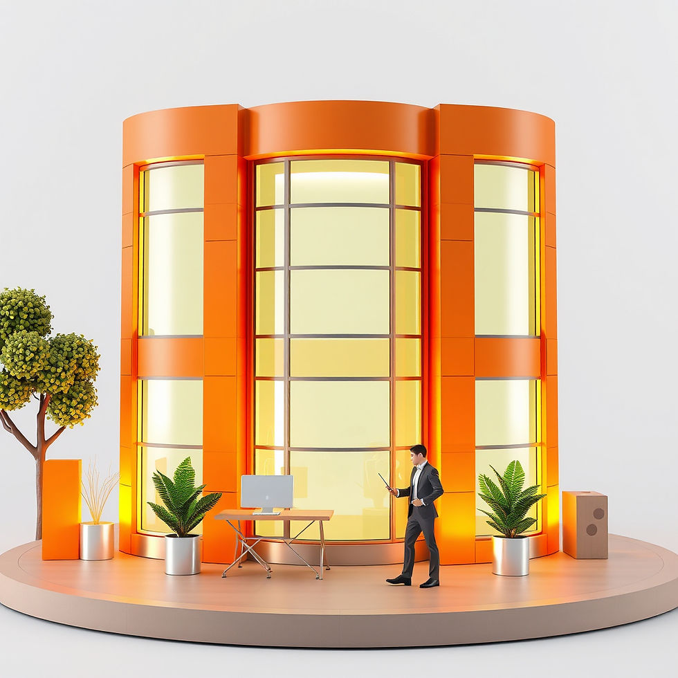 3D model of a modern orange office with a miniature professional.