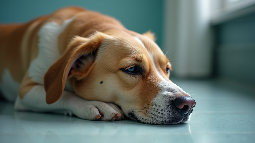Close-up view of a calm dog resting after neutering surgery