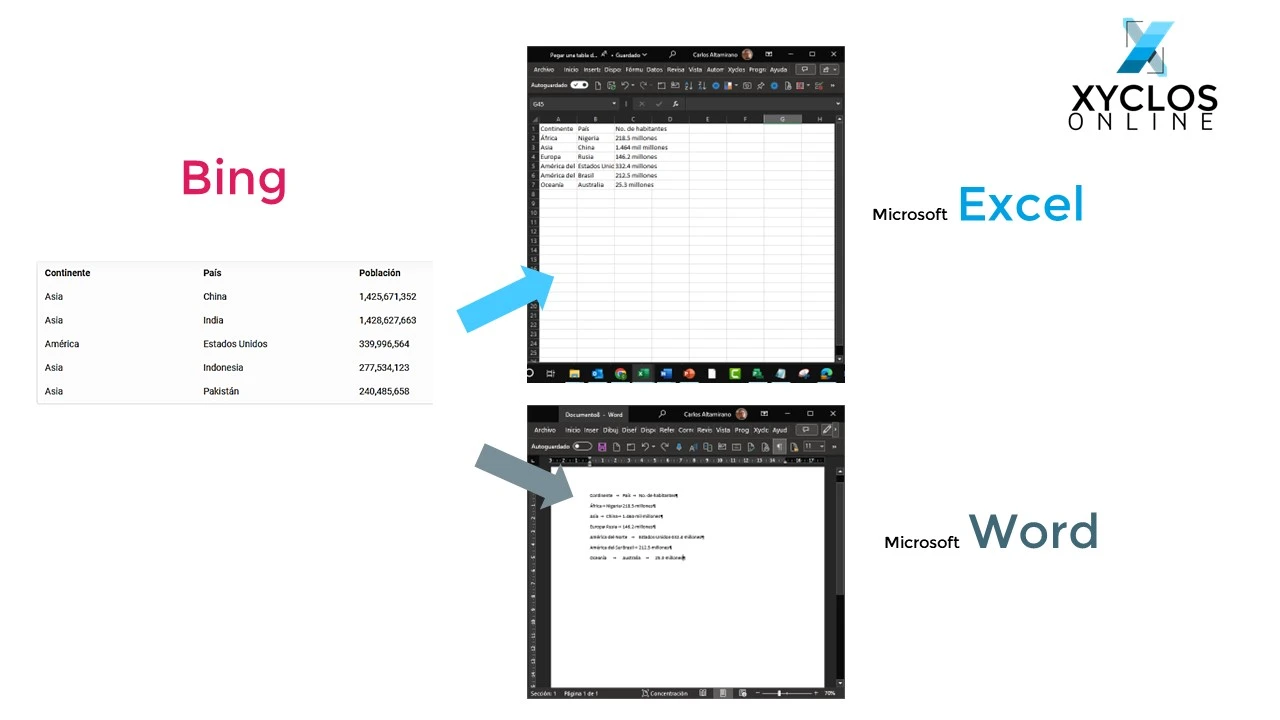 Resultados de pegar una tabla de Bing en Microsoft Excel y Word | Xyclos