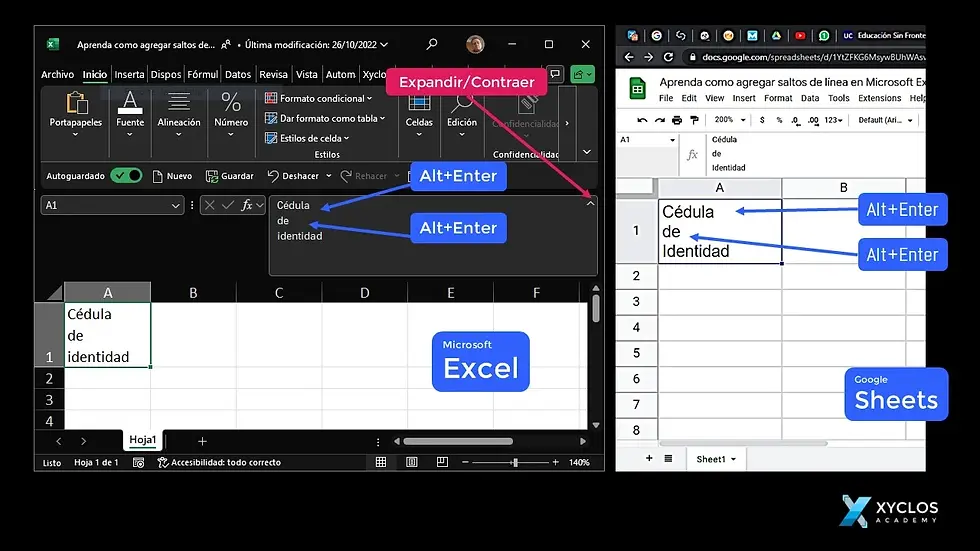Crear salto de línea en una celda de Microsoft Excel o Google sheets