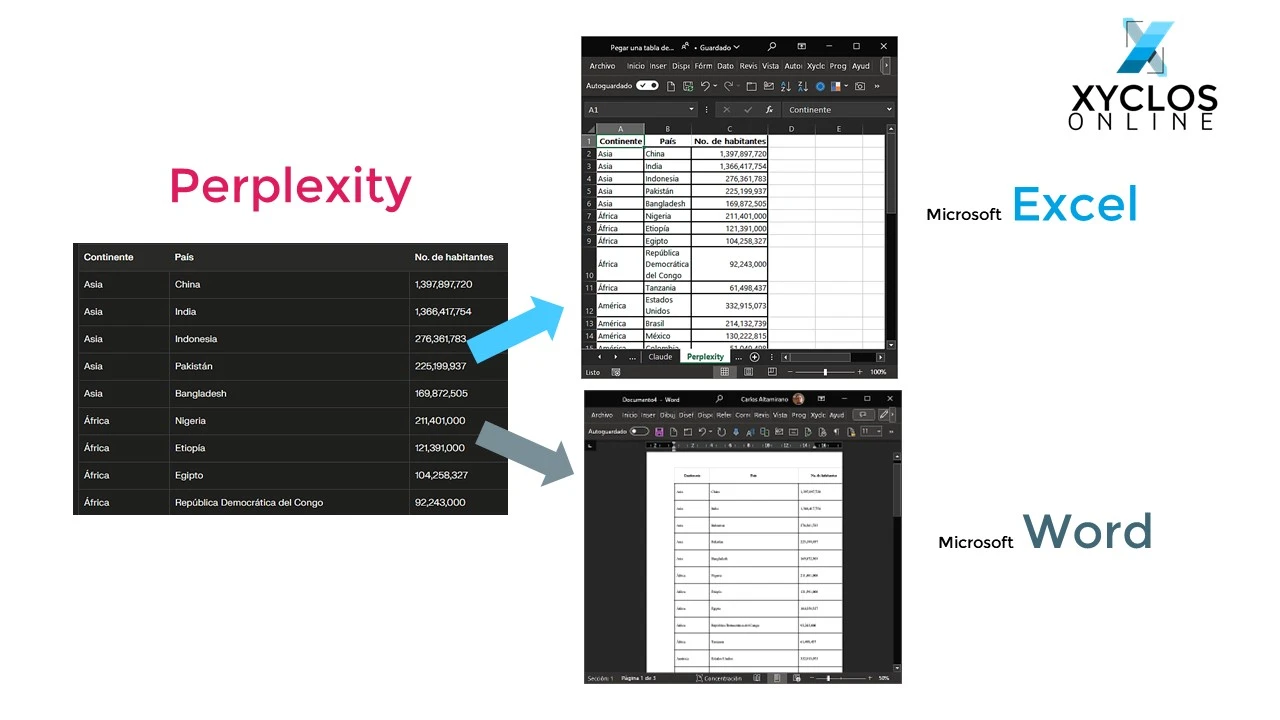 Resultados de pegar una tabla de Perplexity en Microsoft Excel y Word | Xyclos