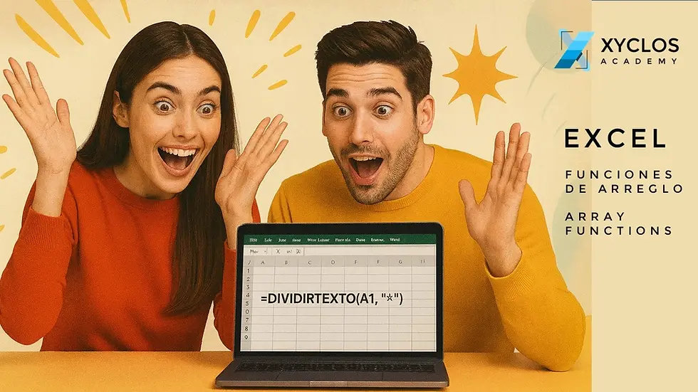 Hombre y mujer jóvenes, sonrientes y sorprendidos, mirando una laptop con una fórmula de Excel que dice =DIVIDIRTEXTO(A1, "**"). Fondo colorido estilo retro, con expresiones de alegría y entusiasmo. Imagen creativa ideal para blog sobre funciones de Excel.. Xyclos Academy