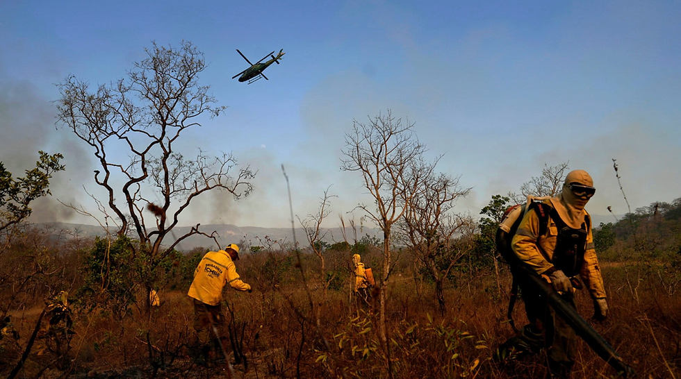 Firefighters from the Chico Mendes Institute work to contain a forest fire and prevent it from reaching Chapada dos Veadeiros National Park, in Brazil’s northern Goiás state in 2025. Image by AP Photo / Eraldo Peres.