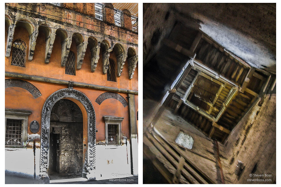 Torre degli Asinelli - 1. entrance; 2. painterly view of the stairs going up, Bologna