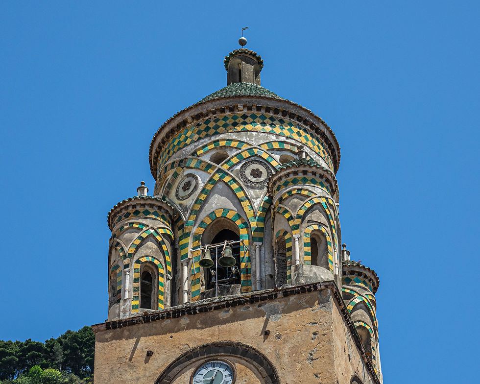  Cattedrale di Sant'Andrea - majolica bell tower against the sky, Amalfi, Italy