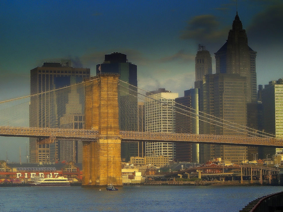 Brooklyn Bridge with the South Street Seaport & lower Manhattan in morning light, New York, NY