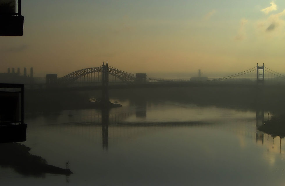 Hazy morning reflection on the East River #2: the Triborough & Hell Gate Bridges, New York, NY