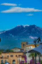 View to Mt. Etna over Taormina on a clear morning, Taormina, Sicily