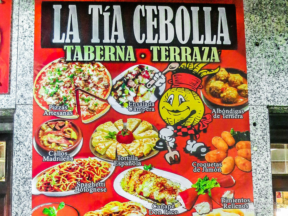 Taberna La Tía Cebolla - sign for enticing dishes, Madrid, Spain