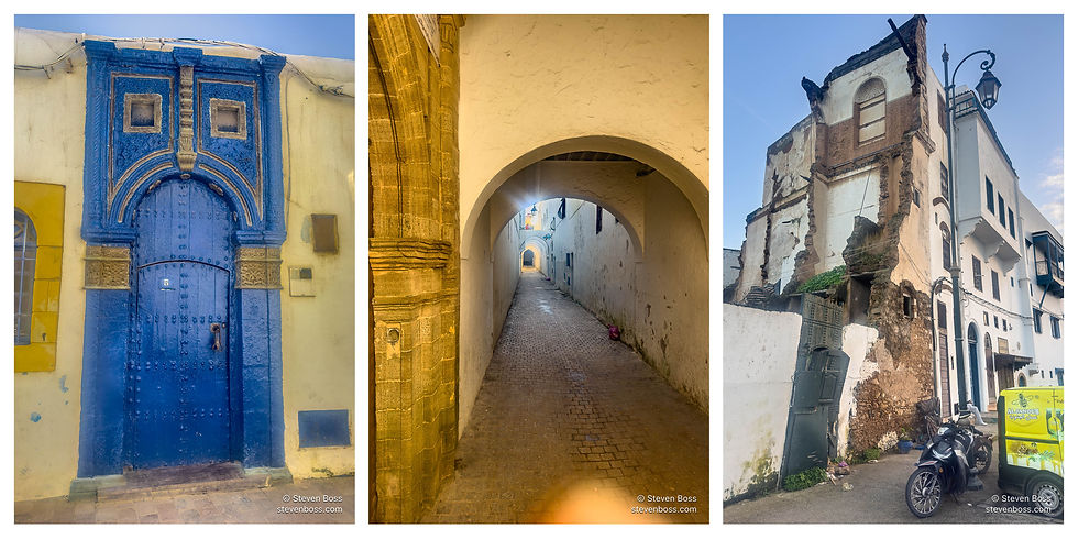 1. Blue door; 2. arched alleyway; 3. one wall left on building, Rabat