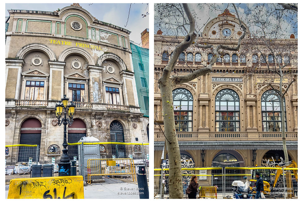 1. Teatre Principal façade; 2. Gran Teatre del Liceu façade, Barcelona, Spain