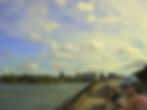 The promenade overlooking the East River, Roosevelt Island & the stacks of the Ravenswood Power Plant beyond, New York, NY