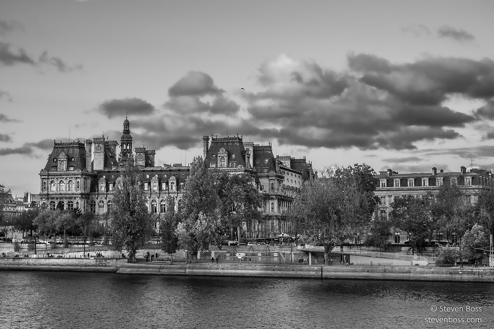 Hôtel de Ville - across the Seine on a fall day day in black & white, Paris, France