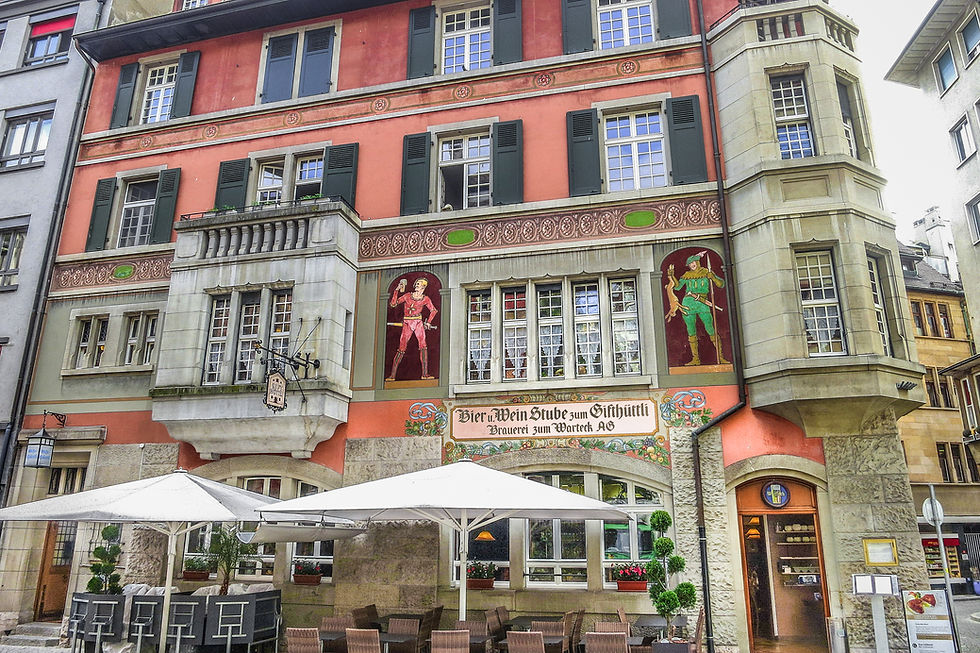 Bier u. Wein Stube Zum Gifthüttli with frescoes & oriel windows, Basel, Switzerland