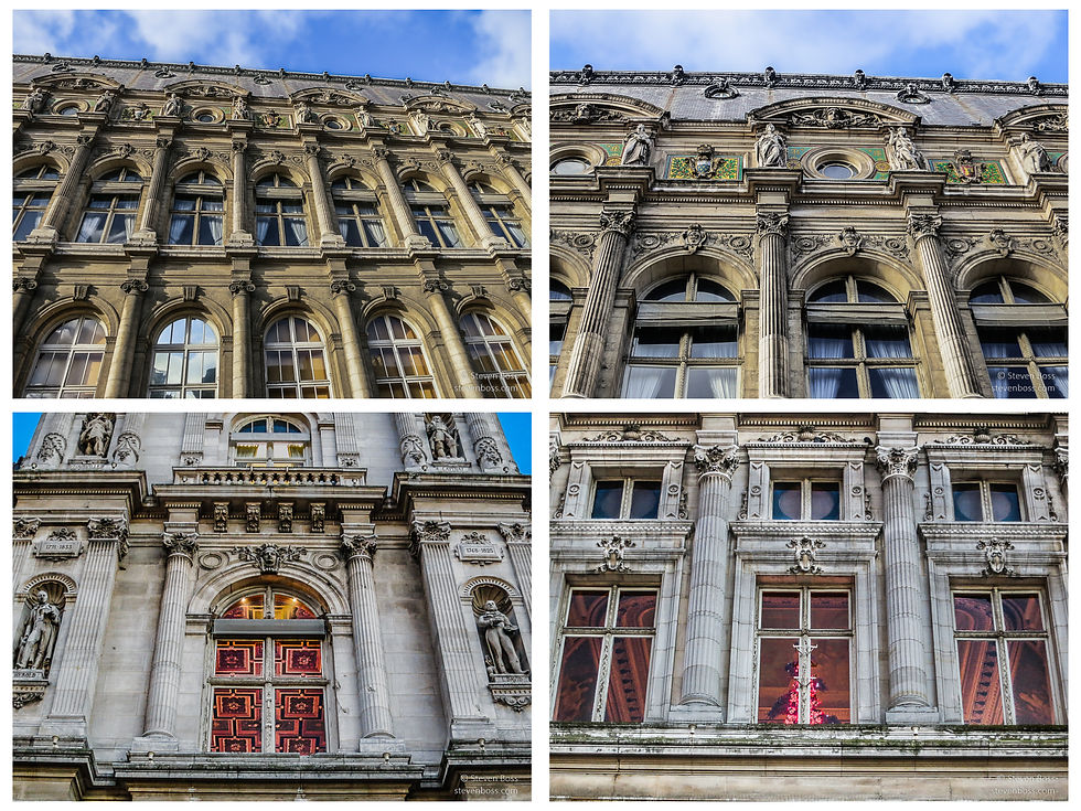 Hôtel de Ville - windows on the east façade #1; #2 with some mosaics; #3 & #4 looking through the windows, Paris, France