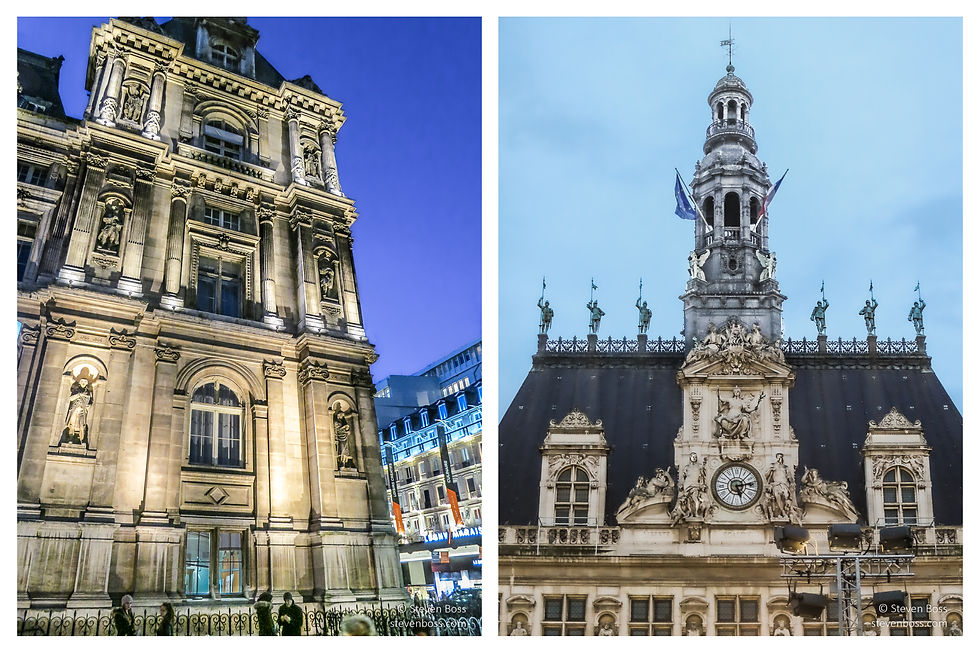Hôtel de Ville -1 - north corner of the east façade in the evening across from Le BHV department store; 2 - the west façade roof, clock & steeple, Paris, France