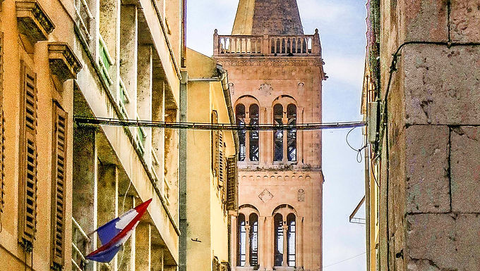 Down the street to the bell tower of the Cathedral of St. Anastasia #2, Zadar, Croatia