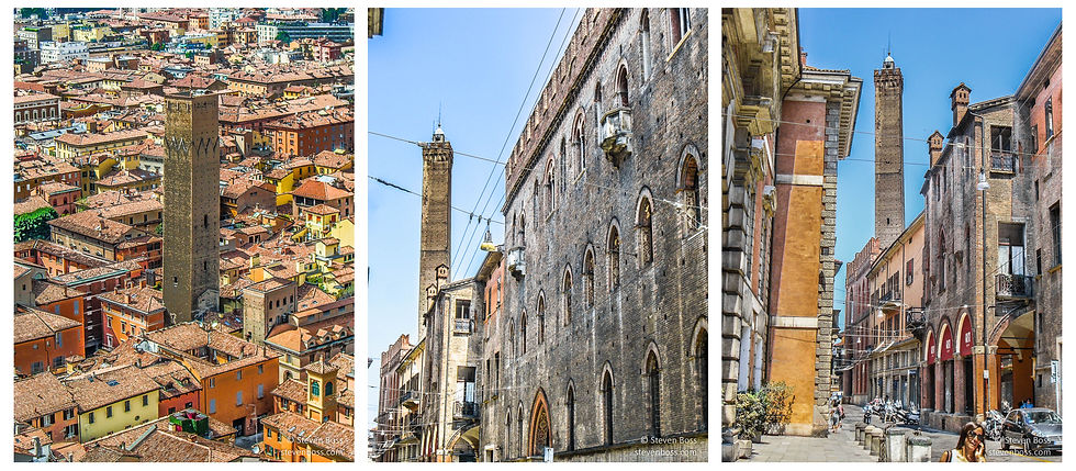 1. Torre Prendiparte - bird's-eye view; 2. & 3. Torre degli Asinelli down the street #4 & #5, Bologna