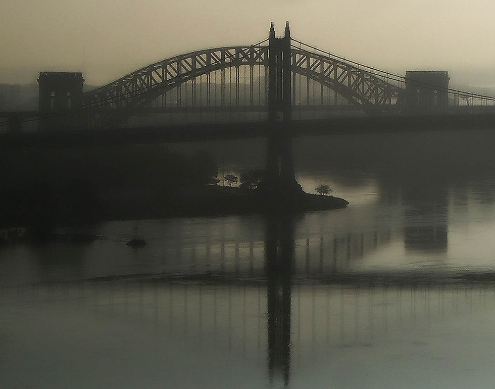 Hazy morning reflection on the East River #1: the Triborough & Hell Gate Bridges, New York, NY