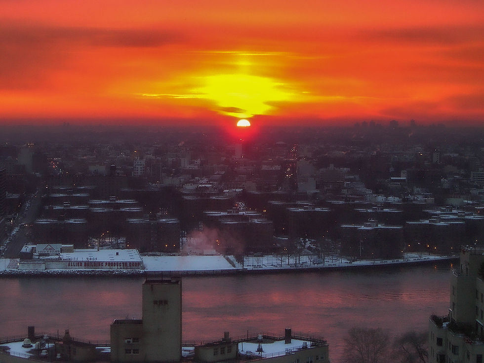 Sunrise beyond a frigid Queens, New York, NY