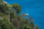 View down the hill to the southeast over the trees to a catamaran in the azure sea #2, Taormina, Sicily