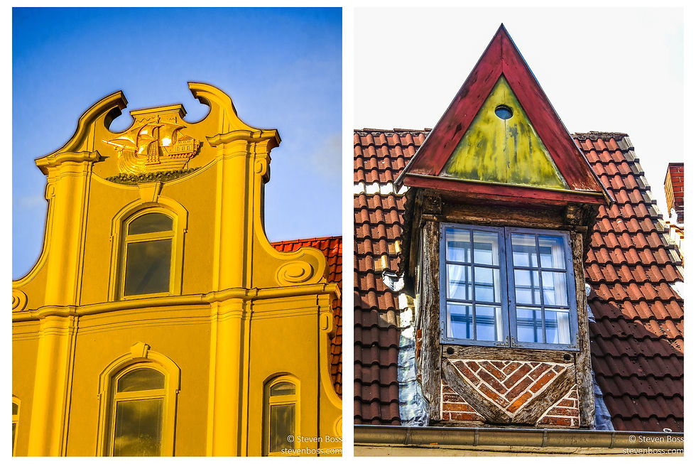 1. Decorative gable with ship; 2. colorful gable, Lübeck, Germany