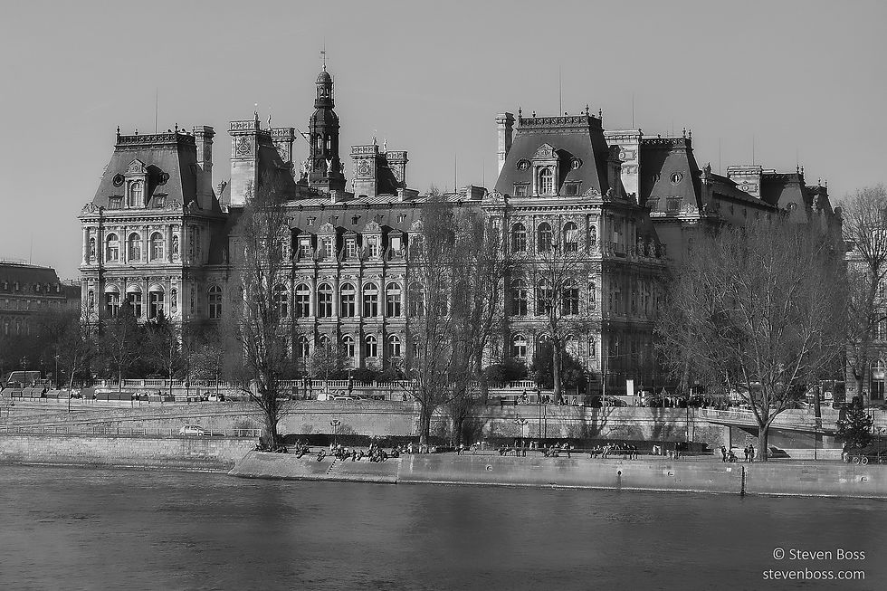 Hôtel de Ville - across the Seine on an early spring day in black & white, Paris, France
