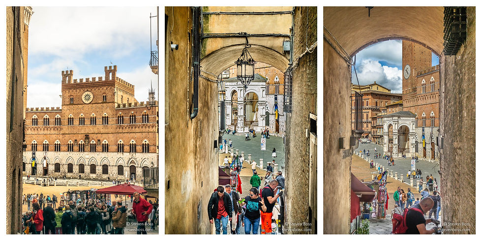Looking down & across the Campo at Palazzo Pubblico #1 & #2, #3 (Cappella di Piazza), Siena