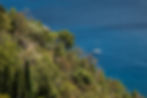 View down the hill to the southeast over the trees to a catamaran in the azure sea #1, Taormina, Sicily