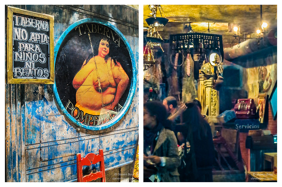 La Taberna Pompeyana #2 - sign: "No apta para niños no beatos" (Not suitable for children not blessed) & #3 - a painterly view inside, Madrid, Spain