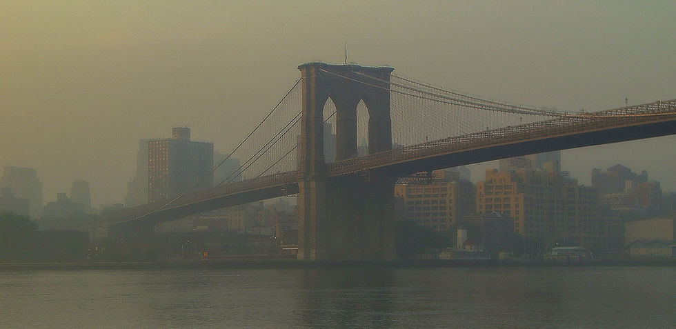 Impressionistic Brooklyn Bridge in early morning fog, New York, NY