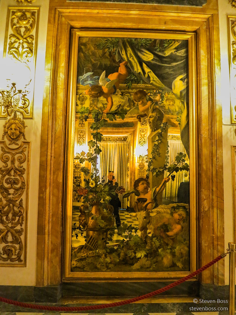 Palazzo Medici Riccardi - Gallery of Luca Giordano (Gallery of Mirrors) - painted mirror with putti & reflection of the photographer, Firenze, Italy