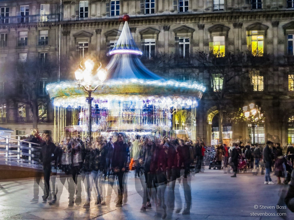 Quadruple exposure - actually the Hôtel de Ville, the Carrousel La Belle Epoque as it twirls & the crowd - all blurry mostly from an unsteady hand at a slow exposure, Paris, France