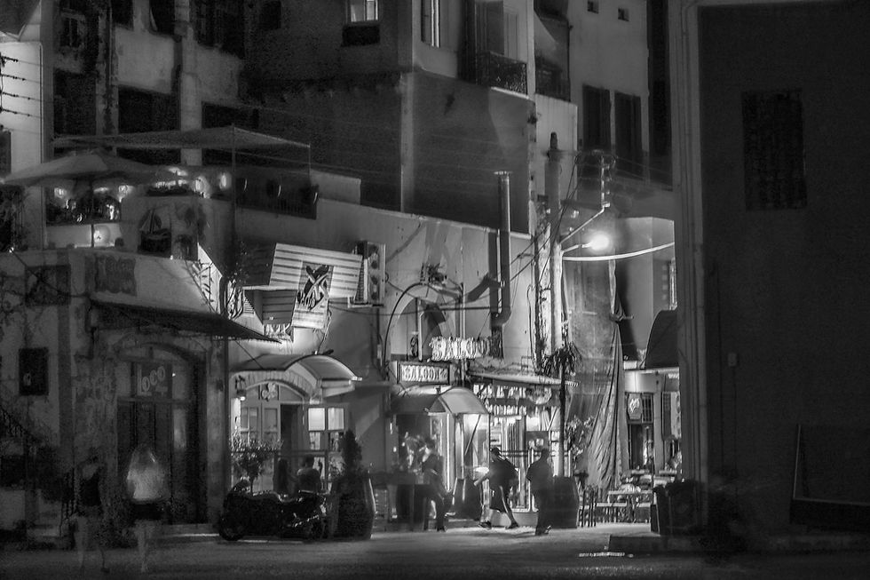 The Saloon at night in black & white, Chania, Crete