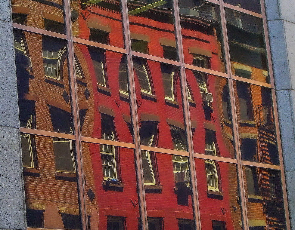 Reflections of red & orange brick tenements, New York, NY