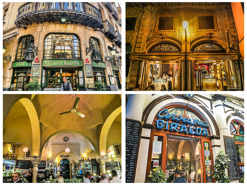 Drinking & eating establishments: #1 - Café Victoria Eugenia; #2 - La bodeguita de Sierpes; #3 & #4) Cervecería Giralda, Seville, Spain