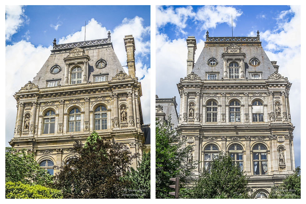Hôtel de Ville - 1- southwest corner facing the Seine; 2 - southeast corner facing the Seine, Paris, France