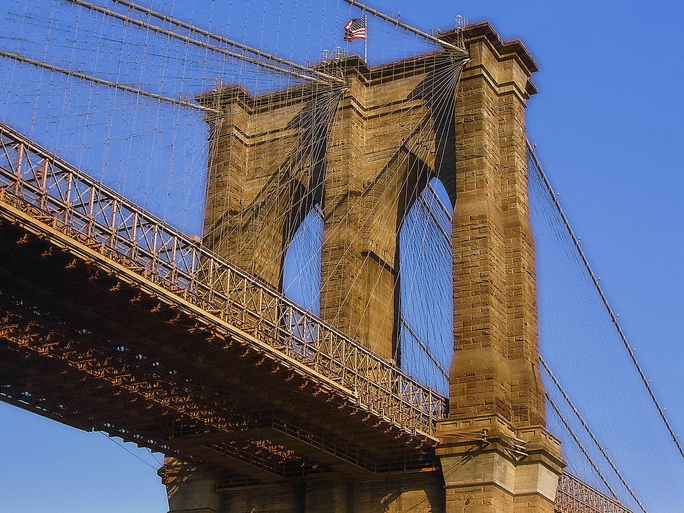Brooklyn Bridge tower in late afternoon sun, New York, NY
