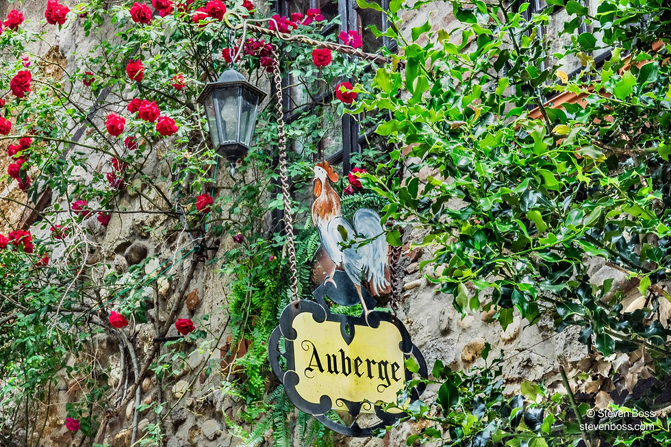 The sign at Auberge du Coq amid the roses, Pérouges
