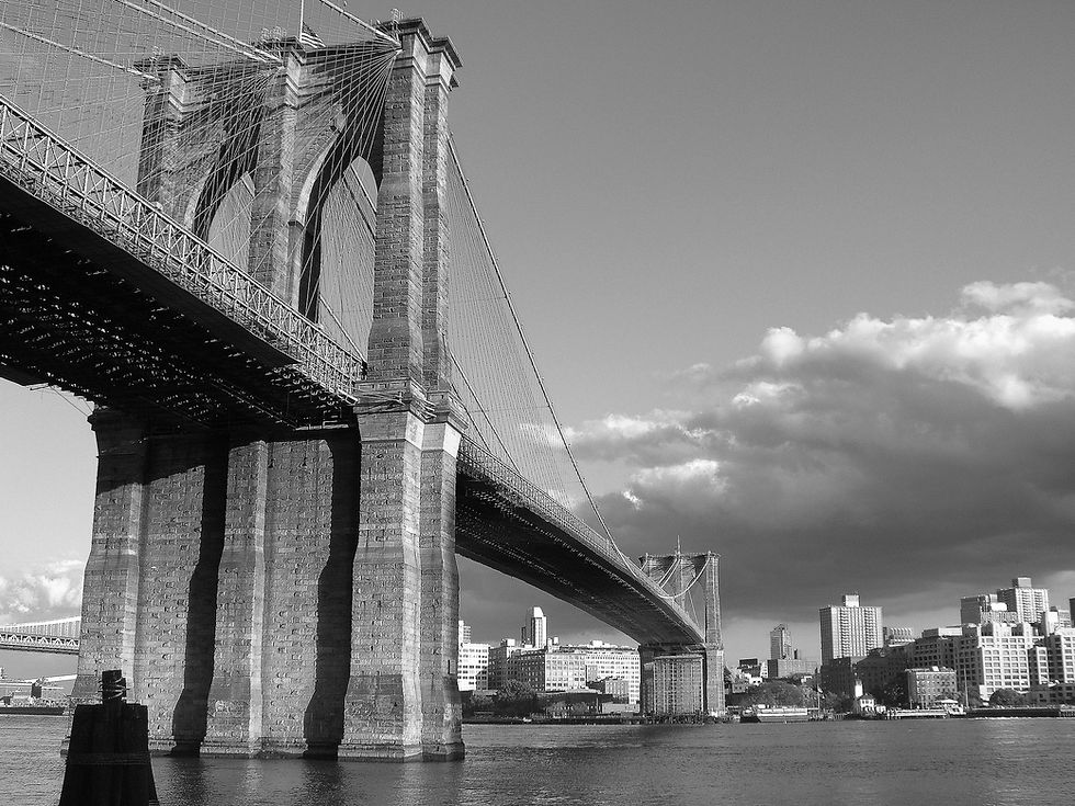 Brooklyn Bridge in the late afternoon sun in black & white, New York, NY