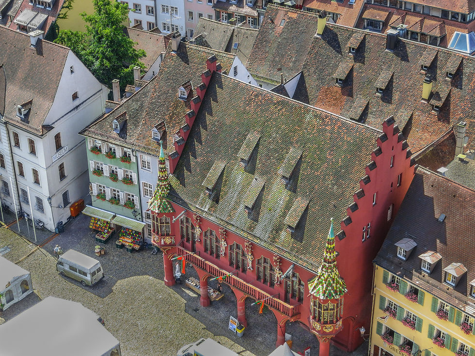 Looking down to the Historisches Kaufhaus (Historical Merchants Hall), Freiburg, Germany