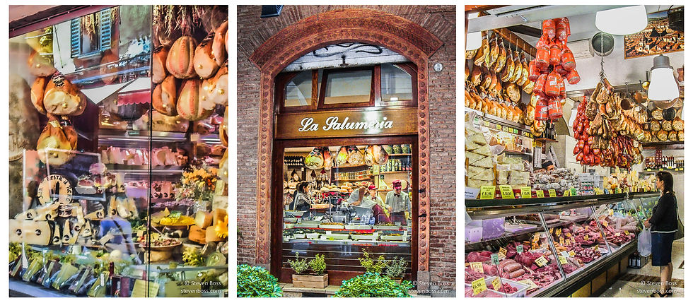 1. A painterly view of the cheese window; 2. La Salumeria; 3. food shopping, Bologna