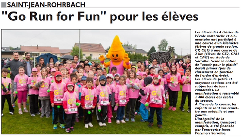 Participation à la course Go Run For Fun pour les élèves des écoles de Saint-Jean-Rohrbach paru le 20/05/15 dans le Républicain Lorrain