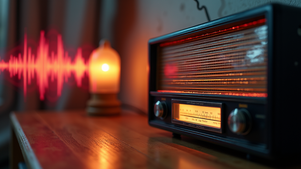 Close-up view of a vintage radio with vibrant sound waves emanating from it