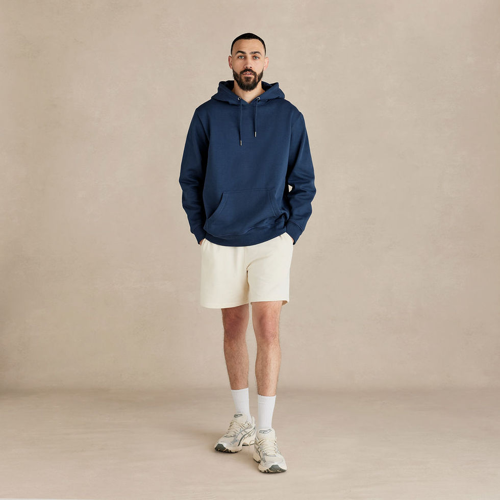 Man wearing Navy Heavyweight Organic Unisex Brushed Hood by Kofa Goods
